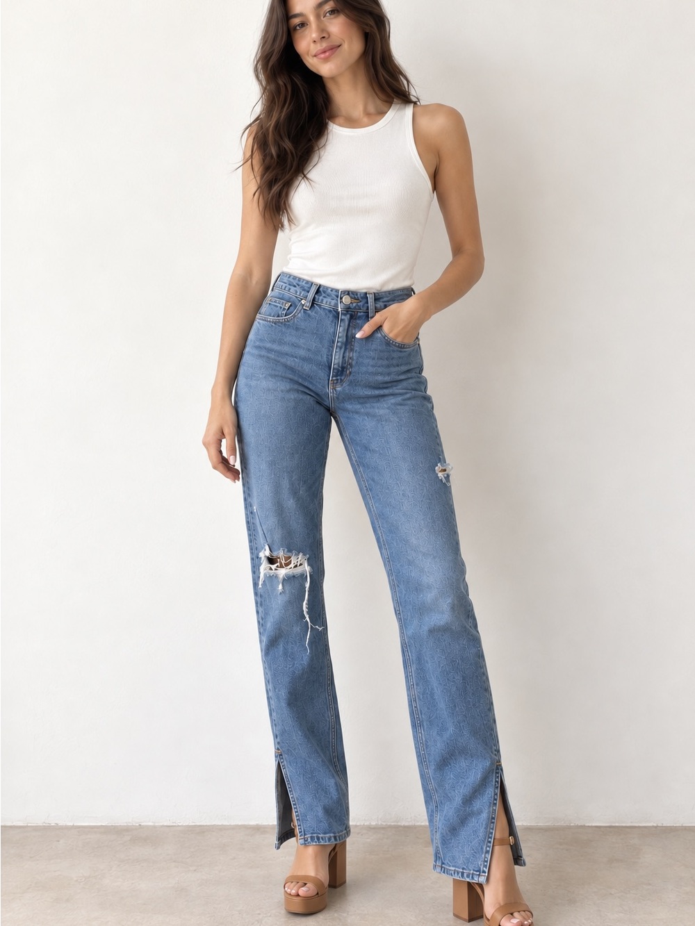 Zara Blue Distressed High-Rise Flare Jeans with Front Slits